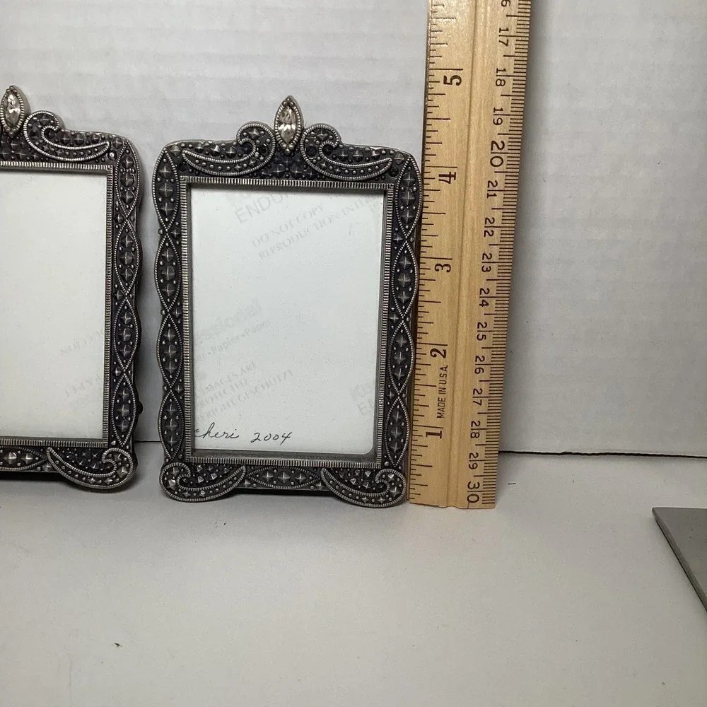 Vintage Style Marcasite Silver Tone Ornate Picture Frames Set 2 Rhinestone 2x3